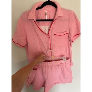 Soma Pink Cotton Gauze Pajama Set Short Sleeve Button Top L Shorts XXL Red Trim